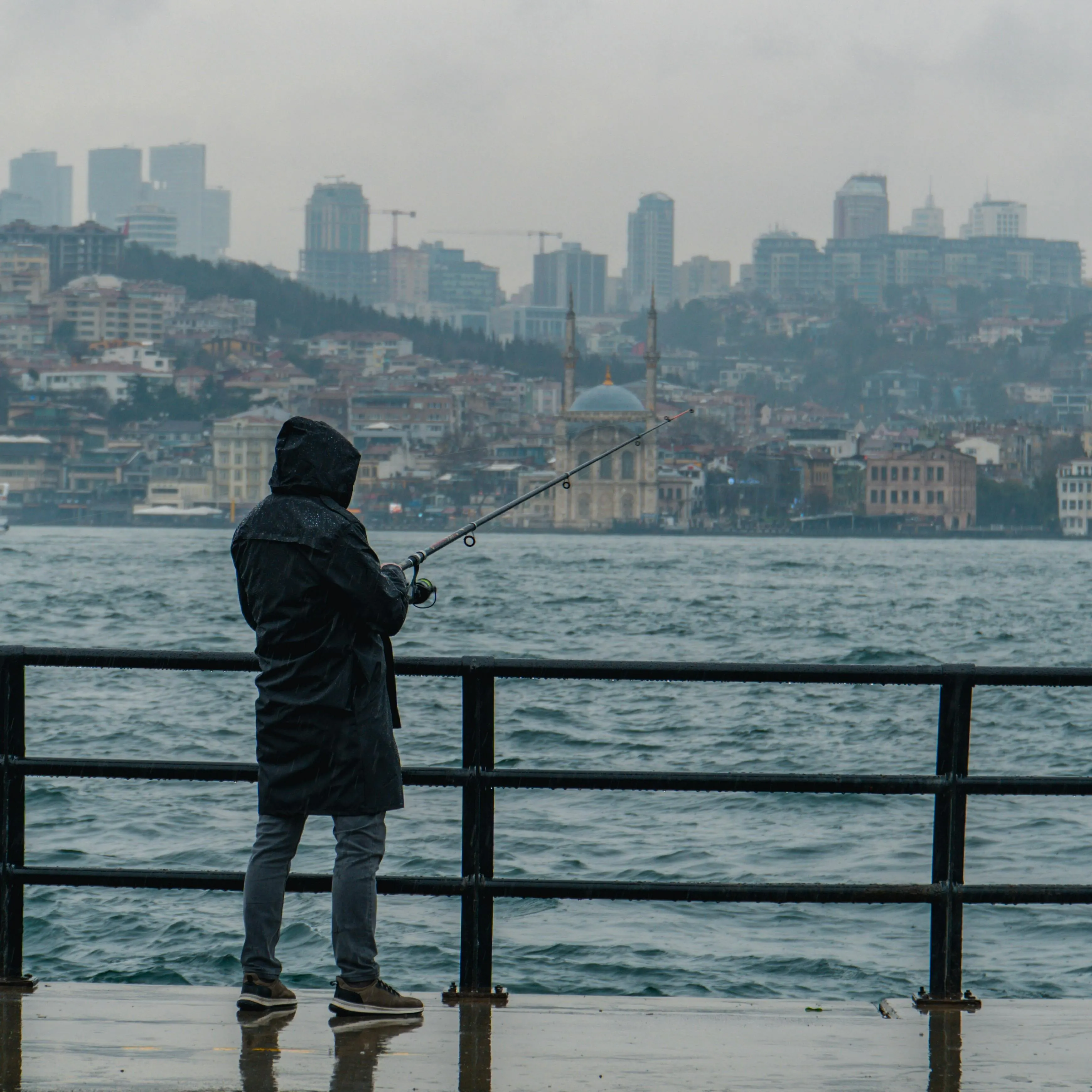 Traveller crossing from a clean city street toward a scenic waterfront