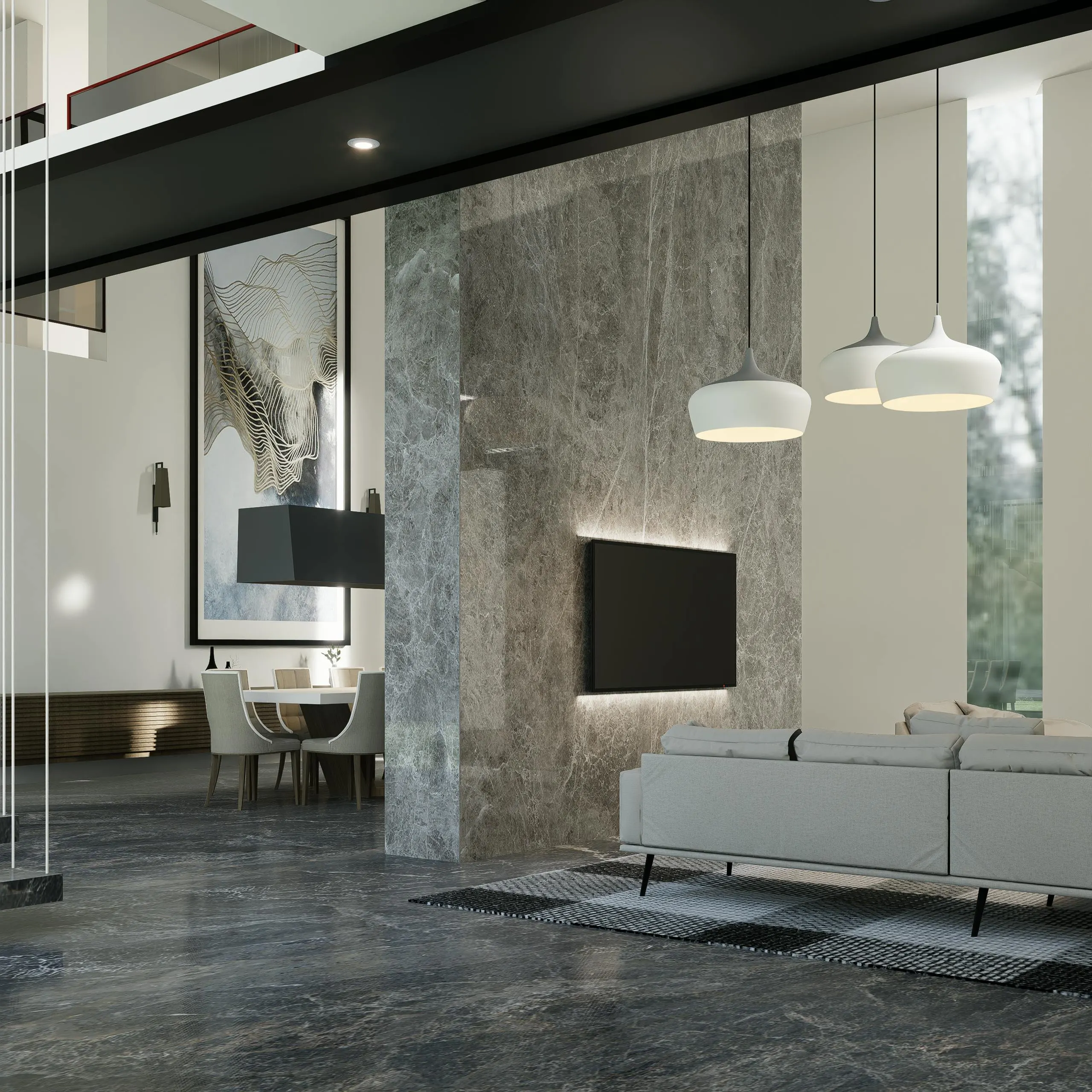 Boutique lodge lounge with pale wood, fire and mountain view