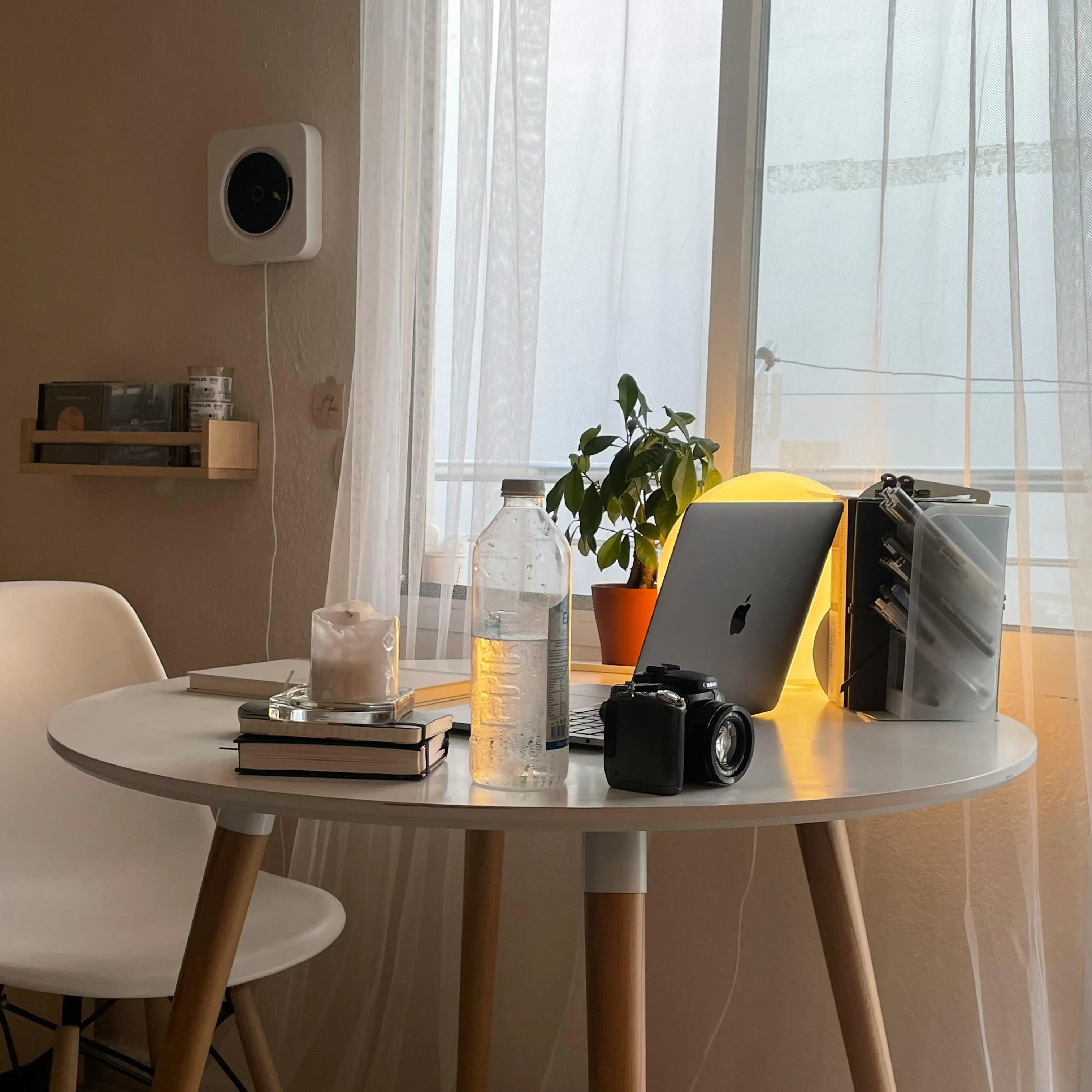 Minimal scenic route map beside a window with pale winter light